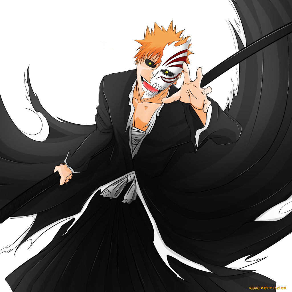 Обои Аниме Bleach, обои для рабочего стола, фотографии аниме, bleach,  улыбка, маска, меч, пустой, арт, ичиго, куросаки, блич Обои для рабочего  стола, скачать обои картинки заставки на рабочий стол.